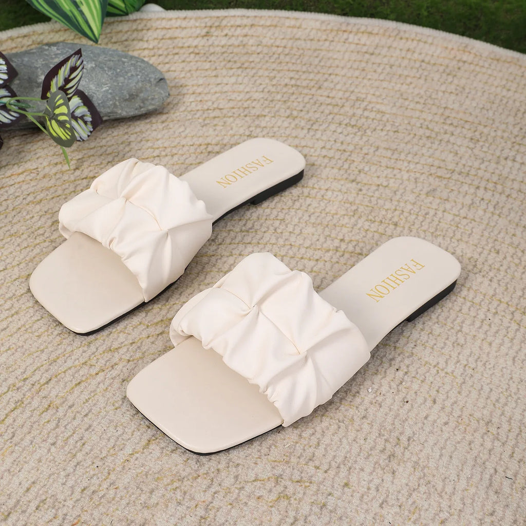 Paulette Ruched Square-Toe Flat Slide Sandals
