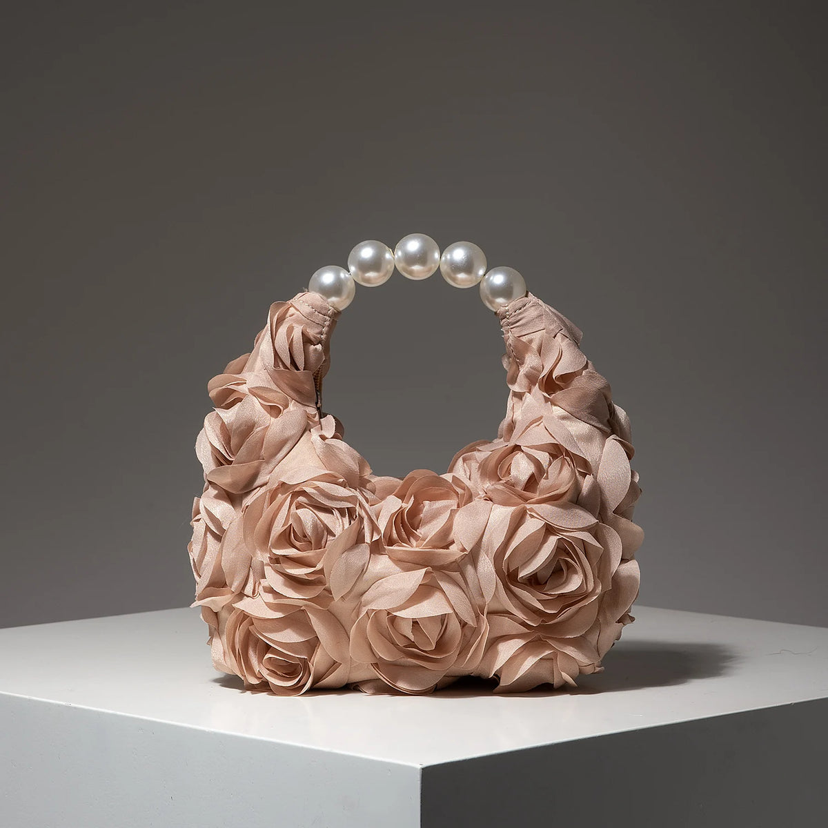 Rosalind Satin Rosette Pearl-Handle Half-Moon Evening Bag
