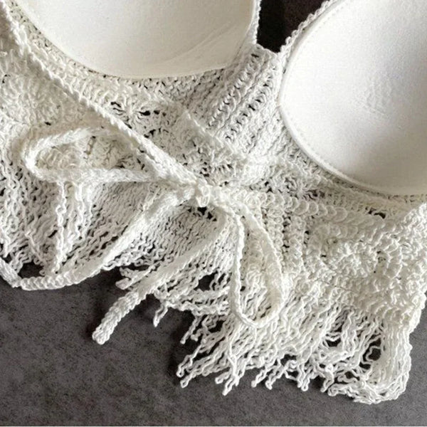 Soleil Crochet Tassel Halter Beach Crop Top One-piece