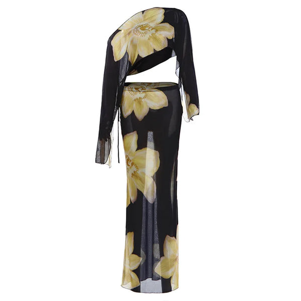 Camellia Floral Chiffon Off-Shoulder Maxi Skirt Set Two-piece
