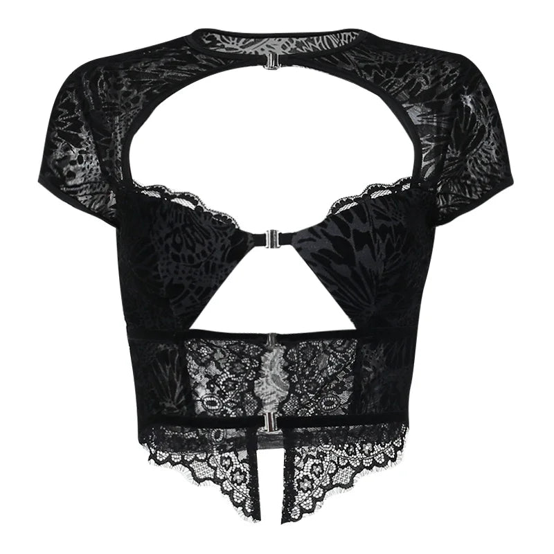 Valentina Noir Lace Illusion Cutout Top One-piece