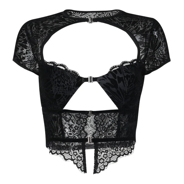 Valentina Noir Lace Illusion Cutout Top One-piece