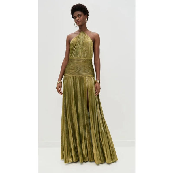 Alina Gold Pleated Halter Maxi Dress