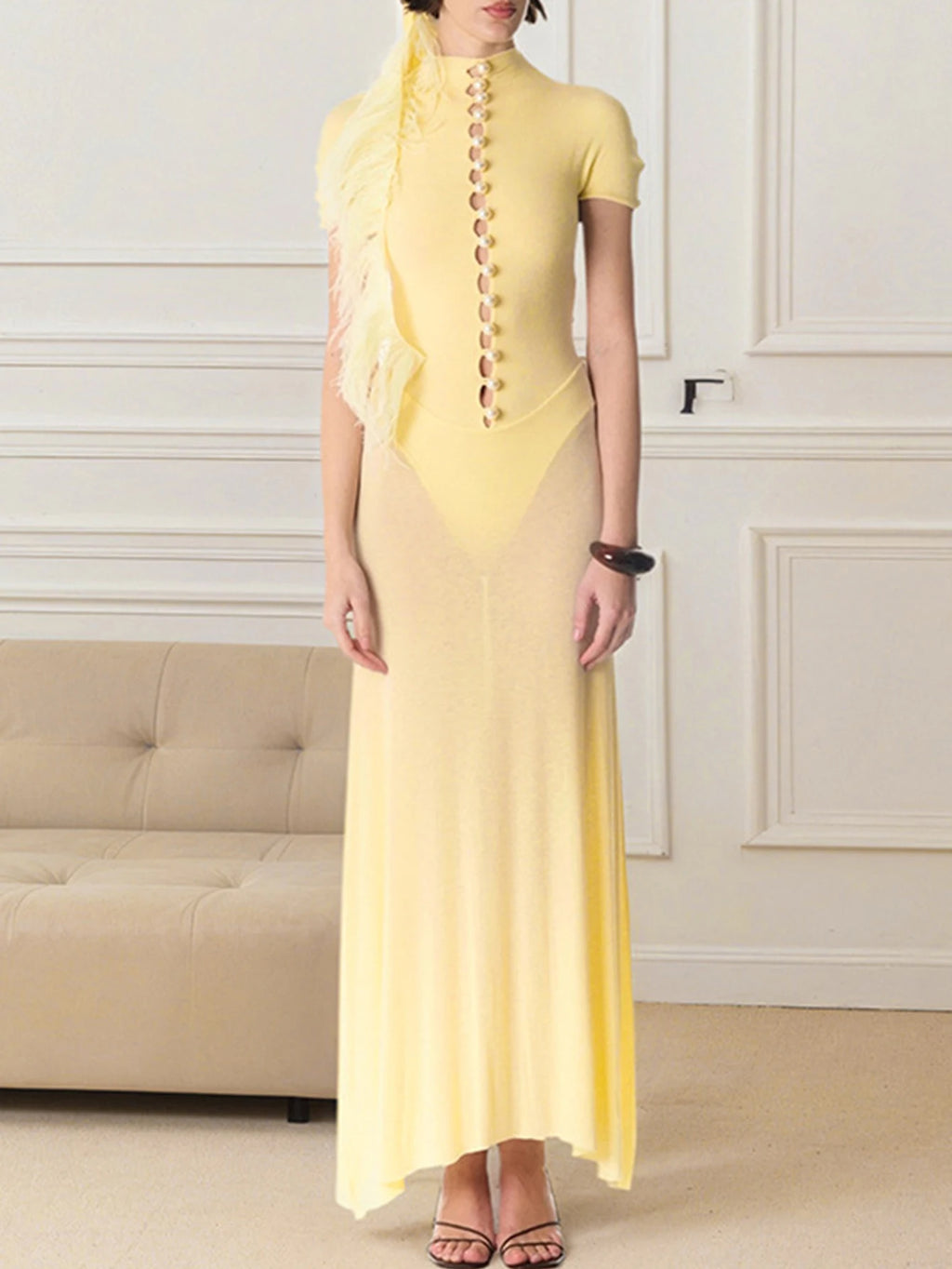 Adelina Sheer-Panel Button Bodycon Maxi Dress
