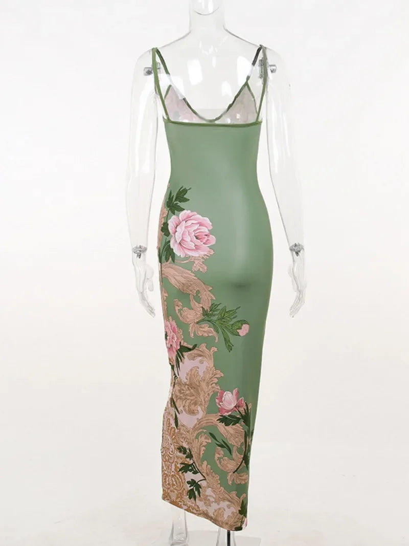Adalgisa Floral Print V-Neck Cami Backless Bodycon Maxi Dress