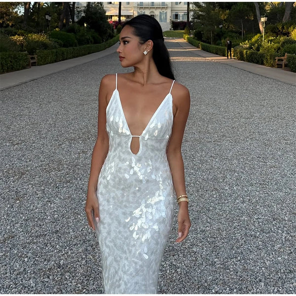 Ismene Sequin Plunge Keyhole Backless Cami Mermaid Maxi Dress