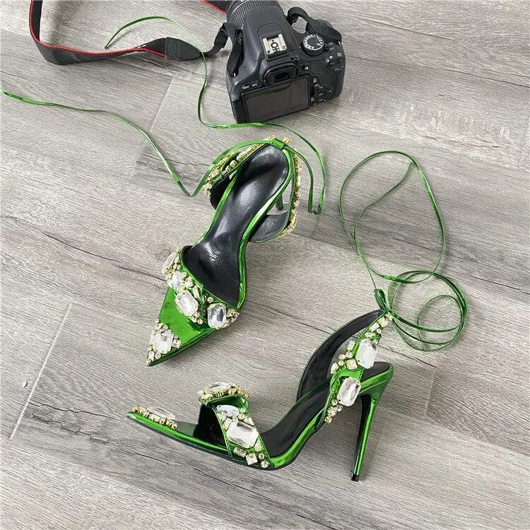 Jolie Rhinestone Lace-Up Stiletto Sandals
