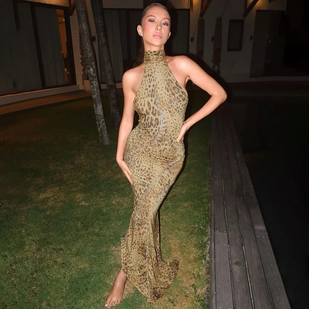 Leopoldine Leopard Print Halter Backless Bodycon Maxi Dress