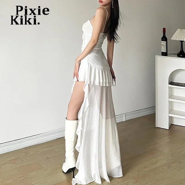 PixieKiki Y2k Sexy Mesh Ruffle Irregular High Low Dress White Black Sleeveless Long Dresses Summer Clothes Women 2024 P94-EZ30