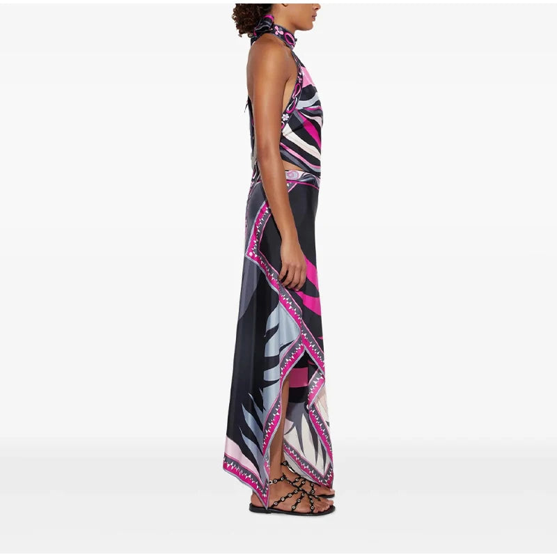 Ermengarde Print Halter Bow Backless Top & Long Skirt Set