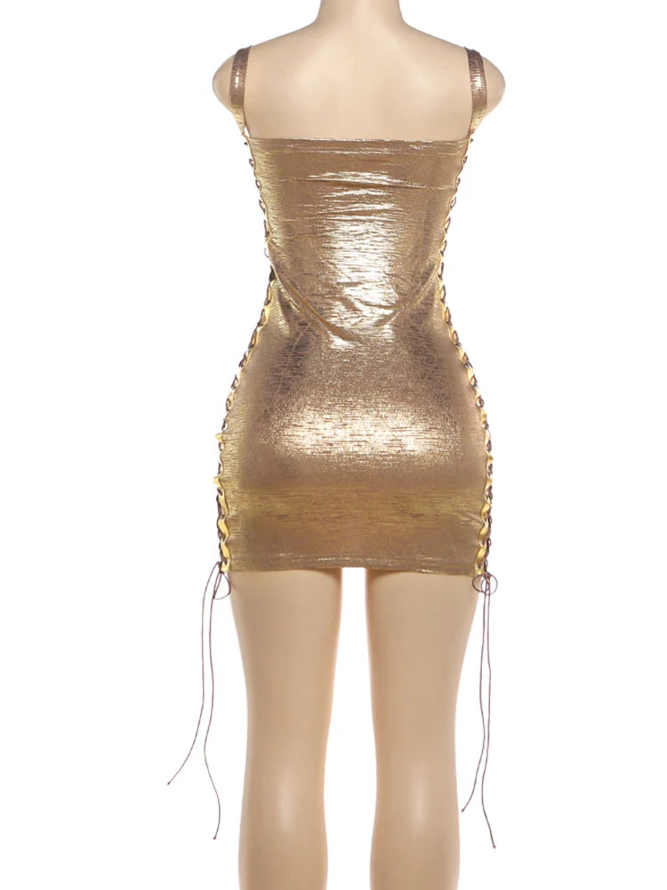 Kliou Sexy Skinny Warp Hip Dress Woman Summer Trend Square Collar Side Hollow Cross Bandage Design Midnight Club Party Bodycon