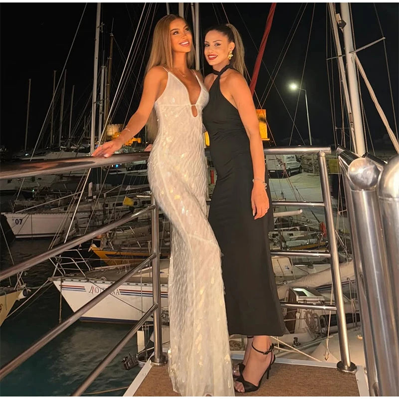 Ismene Sequin Plunge Keyhole Backless Cami Mermaid Maxi Dress