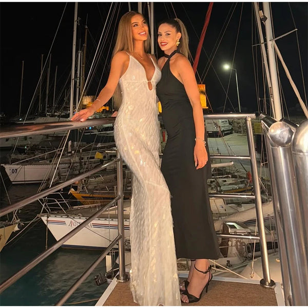Ismene Sequin Plunge Keyhole Backless Cami Mermaid Maxi Dress