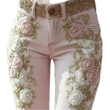 Florence Rose-Embroidered Beaded Denim Pants
