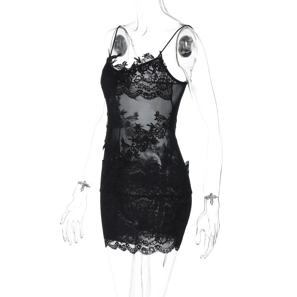 Verbena Sheer Lace Appliqué Mesh Cami Bodycon Mini Dress