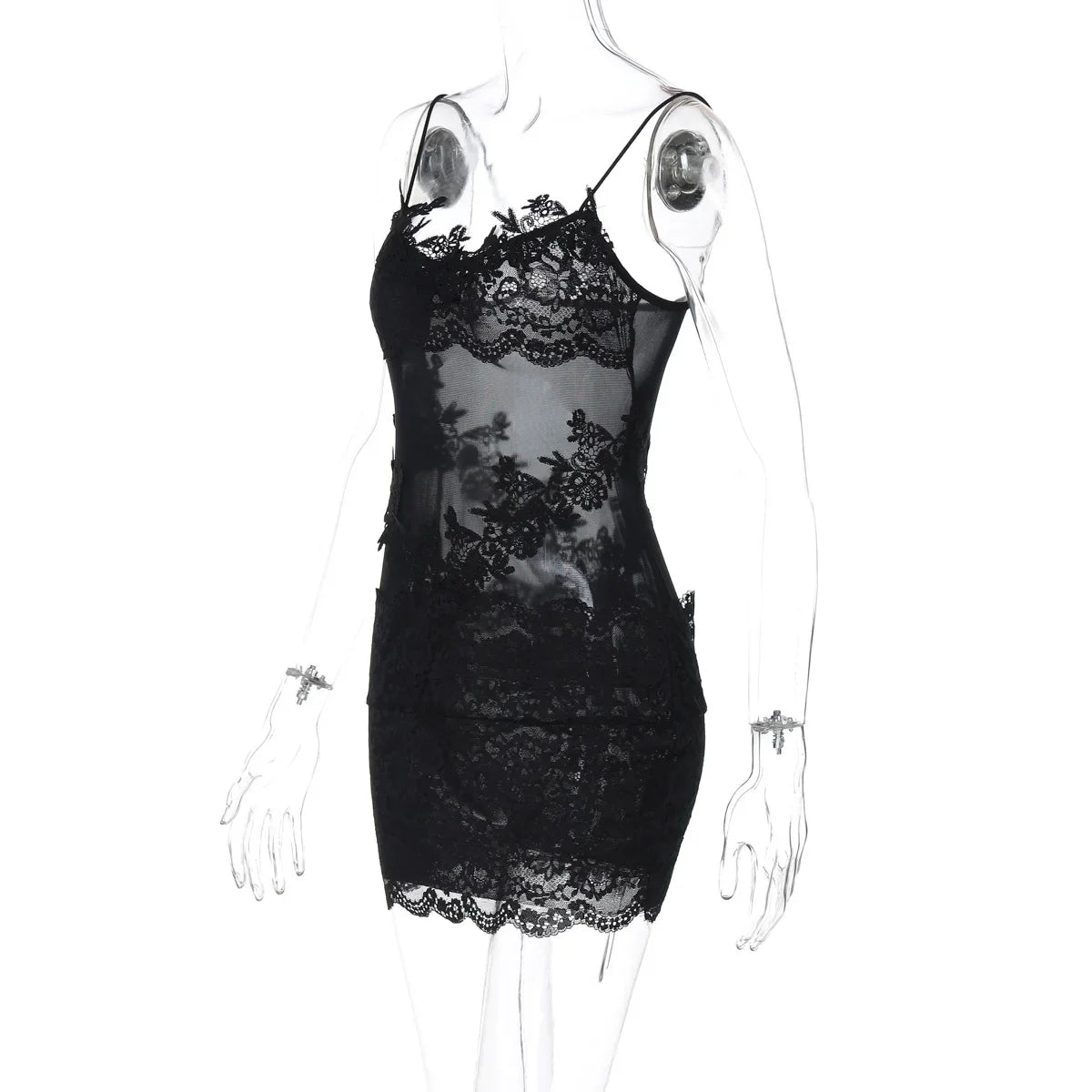 Verbena Sheer Lace Appliqué Mesh Cami Bodycon Mini Dress