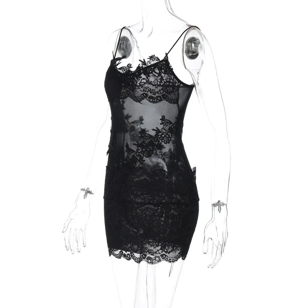 Verbena Sheer Lace Appliqué Mesh Cami Bodycon Mini Dress