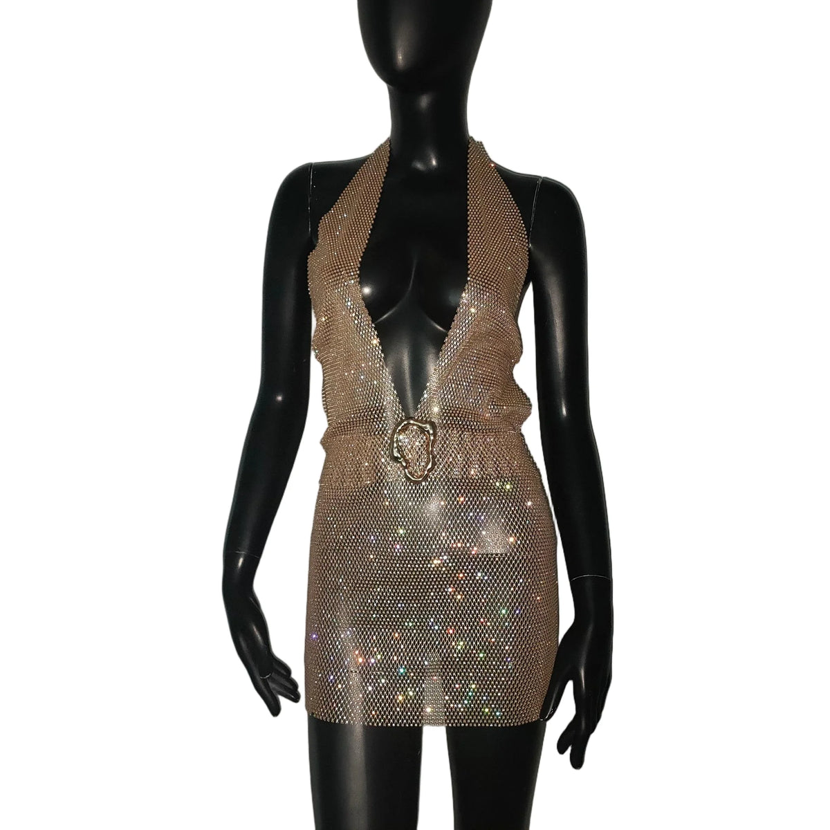 Karina Rhinestone Fishnet Halter Mini Dress