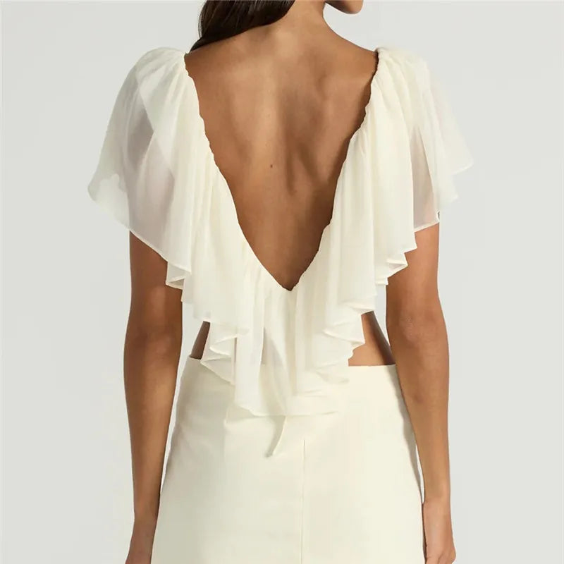 hirigin French Coquette Ruffle Blouse V Neck Open Back Flowy Short Sleeve Top with Tiered Layers Date Night Party Summer Outfits