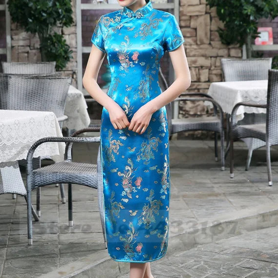 Feng Dragon-and-Phoenix Satin Qipao Maxi Dress