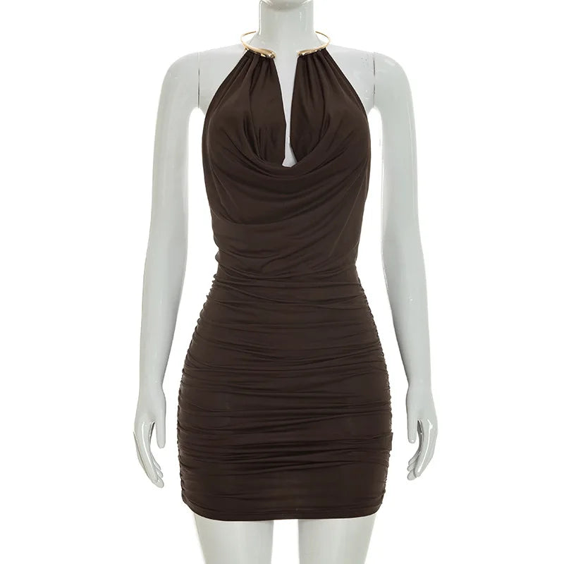 Davina Metal-Ring Ruched Backless Mini Dress