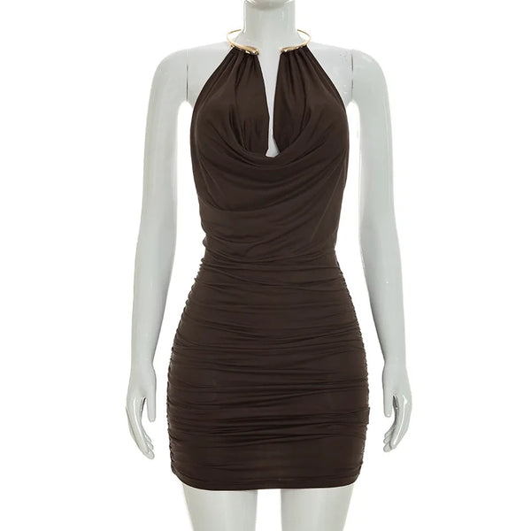 Davina Metal-Ring Ruched Backless Mini Dress