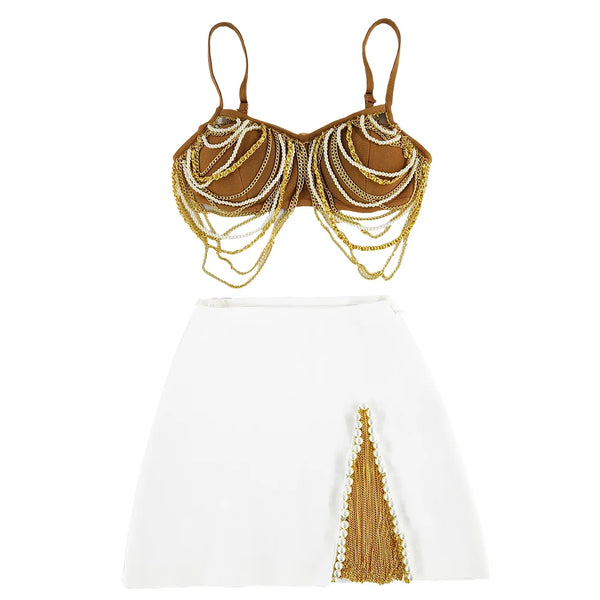 Una Beaded Bandage Mini Skirt Set Two-piece