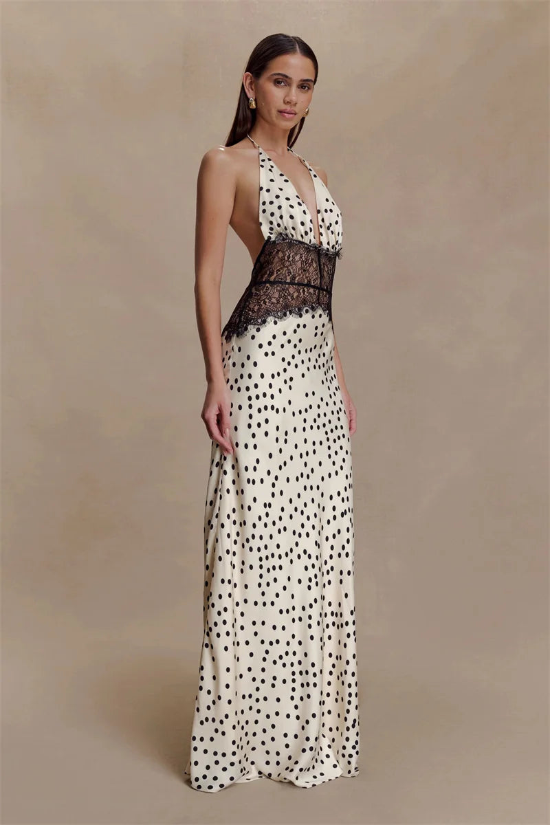 Cecelia Noir Lace Polka Halter Maxi Dress