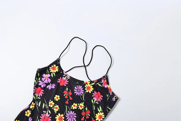 Kliou Flower Print Mini Dress Woman Low-Neck Cross Bandage Backless Sleeveless Skinny Peach Hip Hot Girls Street Style Bodycon