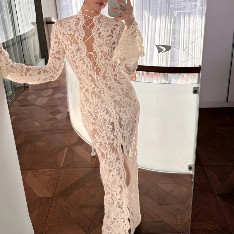 Isolde Sheer Lace-Up Long-Sleeve Maxi Dress