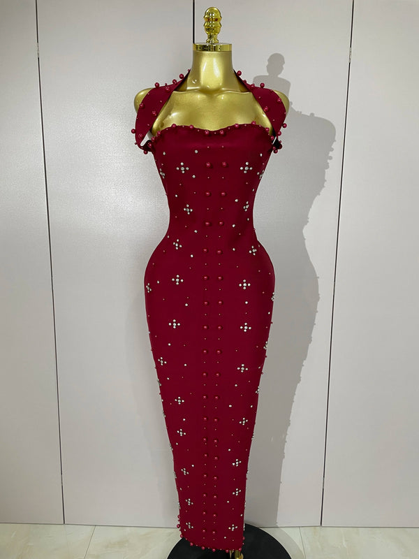 Giselle Rhinestone Pearl Bodycon Maxi Dress