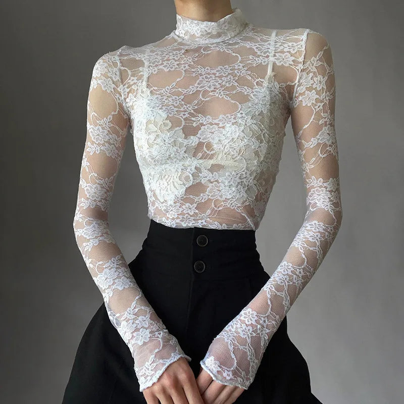 Sexy Lace Blouse Shirts Summer Women Turtleneck Long Sleeve See Through Lace Patchwork Thin Tops XXNWQ-NWMCT01609