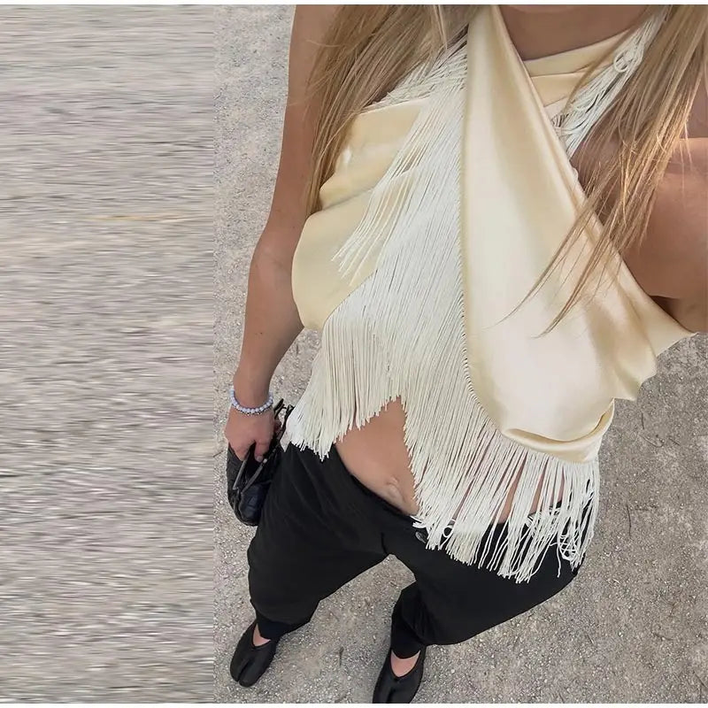 Esperanza Satin Fringe Cross-Wrap Halter Backless Crop Top One-piece