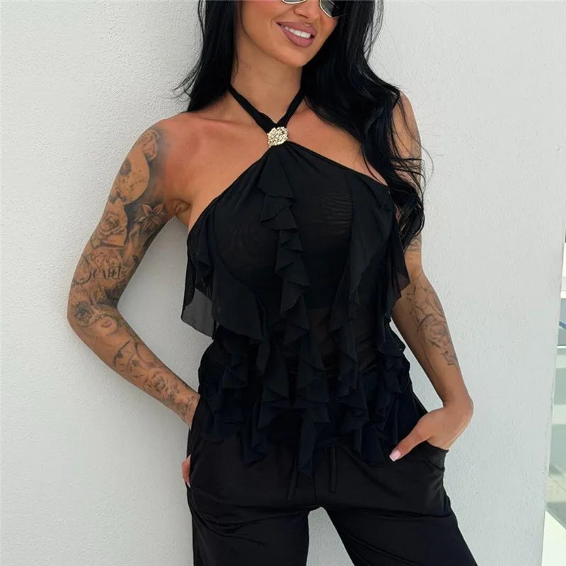 hirigin Women Halter Neck Ruffle Mesh Top Sexy Sheer See Through Backless Blouse with Rhinestone Buckle for Club Party Night Out