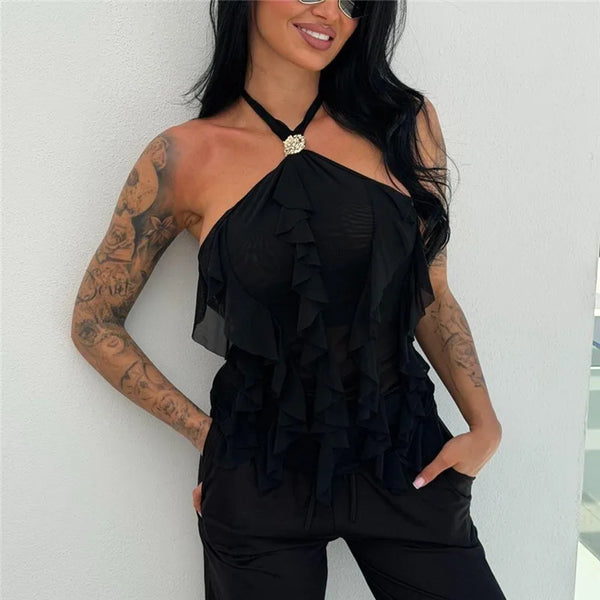 hirigin Women Halter Neck Ruffle Mesh Top Sexy Sheer See Through Backless Blouse with Rhinestone Buckle for Club Party Night Out
