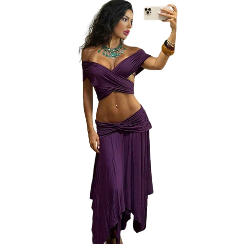 Kliou Sexy Fashion 2 Piece Set Woman Cross Slash Neck Backless Crop Tops+Elastic Waist Long Skirts High Street Elegant Outfits