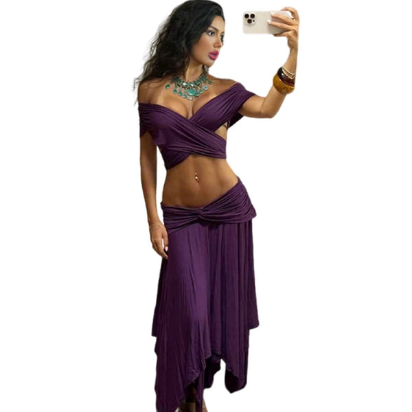 Kliou Sexy Fashion 2 Piece Set Woman Cross Slash Neck Backless Crop Tops+Elastic Waist Long Skirts High Street Elegant Outfits