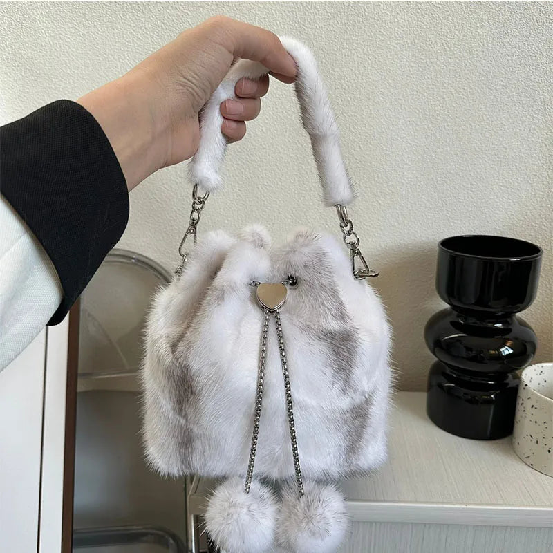 Y2K Bag Real Mink Bags Plush Handbag Fashion Designer High-End Luxury Tote Bag Puffy Bag Solid Soft Mink Shuolder Bag