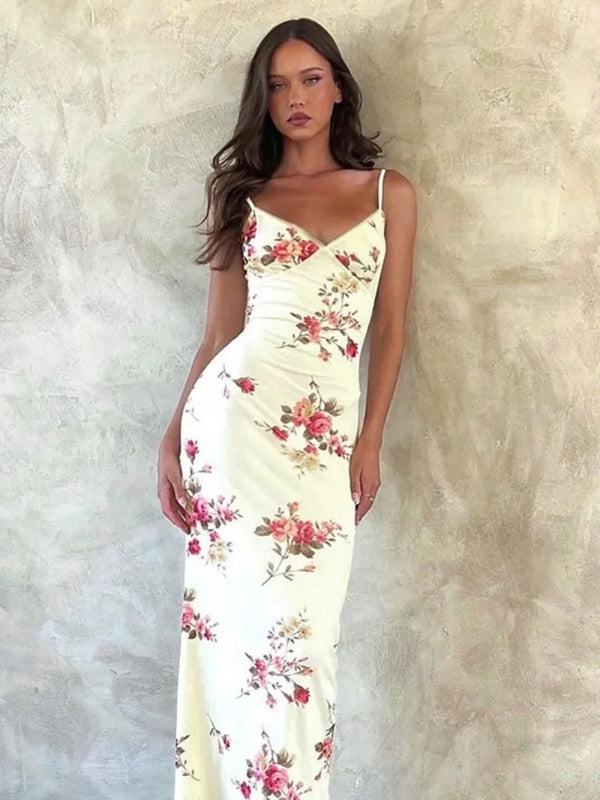 Adalgisa Floral Print V-Neck Cami Backless Bodycon Maxi Dress