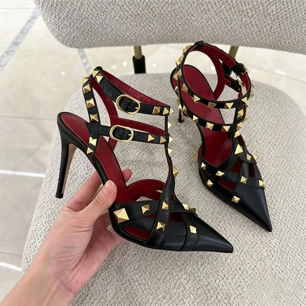 European and American Sexy Studded Pointed Fashion Stage Runway Shoes with French Style Toe Closure Buckle Strap Women's Sandals