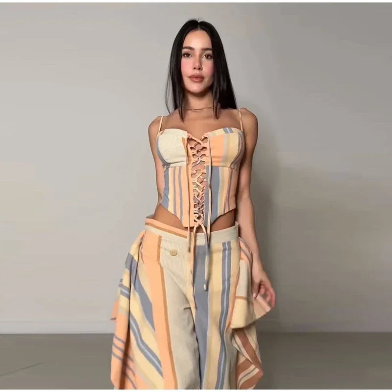 Valentina Striped Lace-Up Tube Top & Wrap Wide-Leg Pants Two-piece