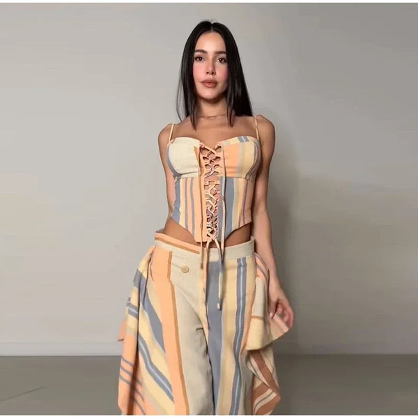 Valentina Striped Lace-Up Tube Top & Wrap Wide-Leg Pants Two-piece