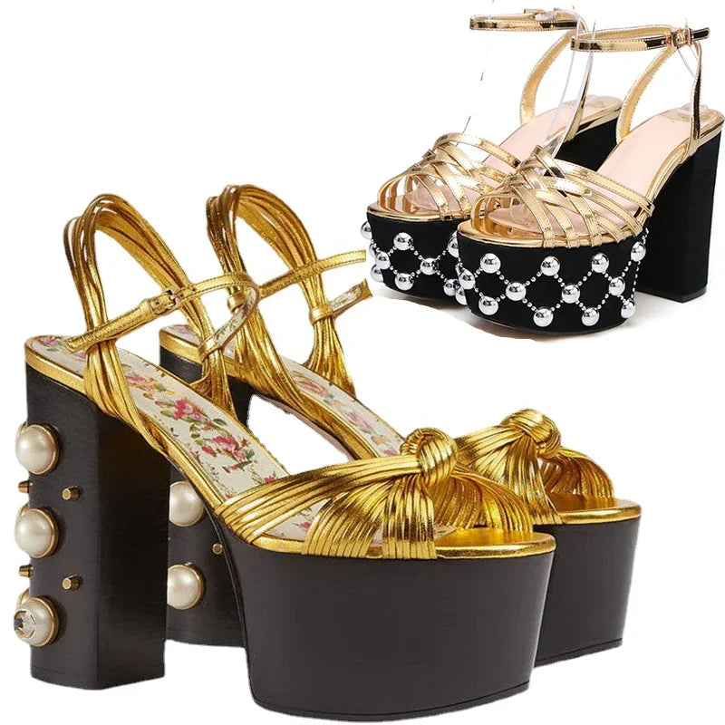 2026 Luxury Brand Women's Summer Fashion Metal Platform Sandals Large 34-42 Super High Heel Thick Bottom Rivet Party Women Shoes