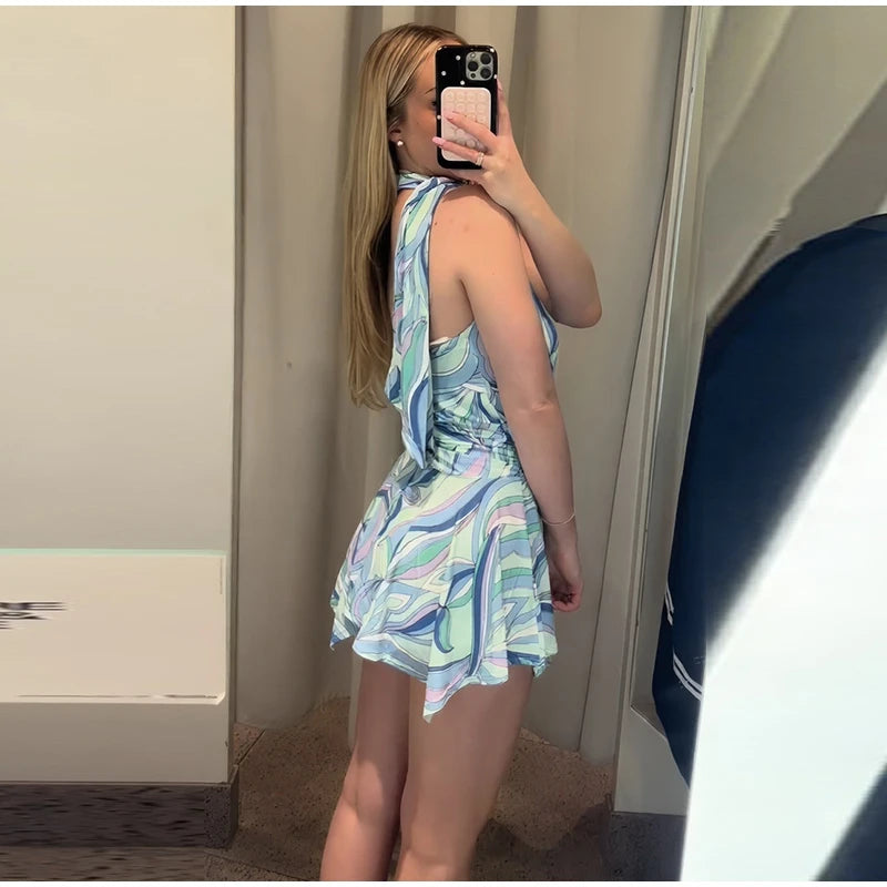 Ermengarde Print Halter Bow Backless Top & Long Skirt Set