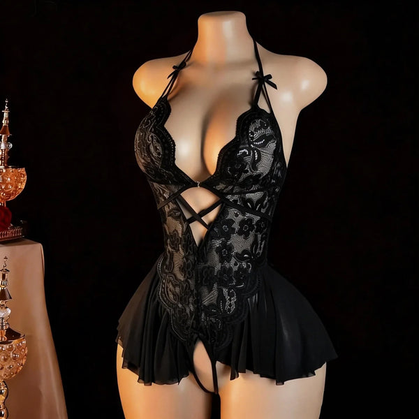 Clotilde Floral Lace Halter Peplum Lingerie Teddy