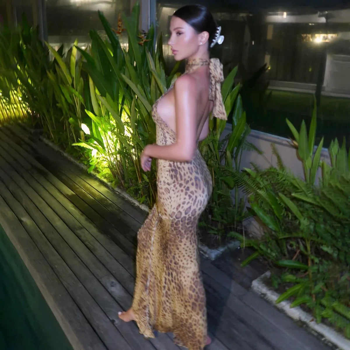 Leopoldine Leopard Print Halter Backless Bodycon Maxi Dress