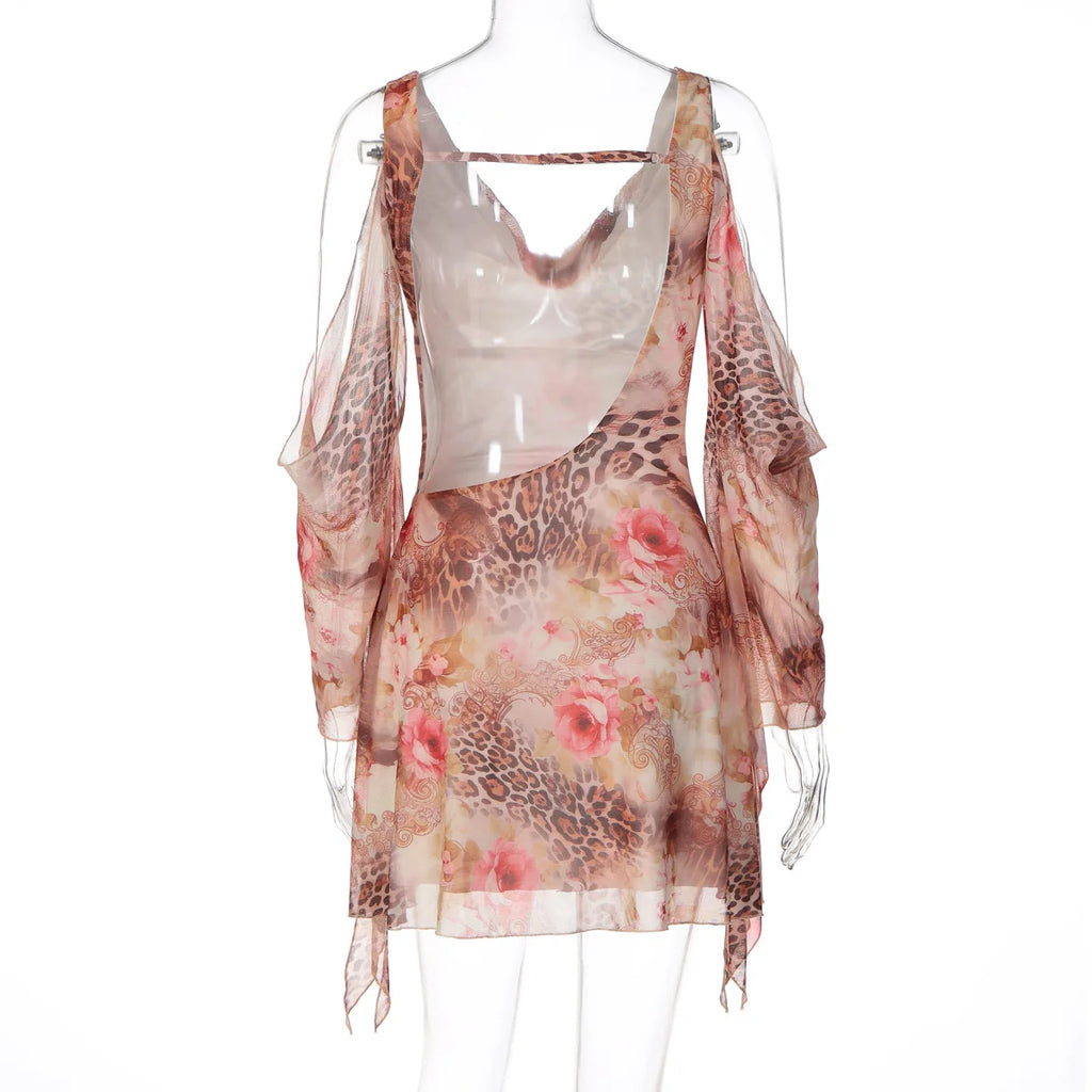 Liora Leopard Floral-Mesh Long-Sleeve Mini Dress
