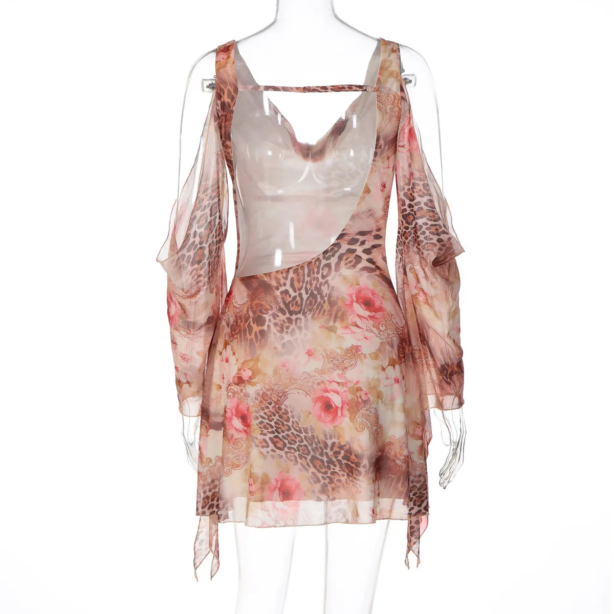 Liora Leopard Floral-Mesh Long-Sleeve Mini Dress
