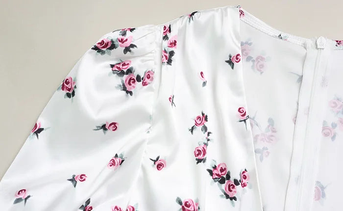 Rosaura Floral Puff-Sleeve V-Neck Ruched Bodycon Mini Dress