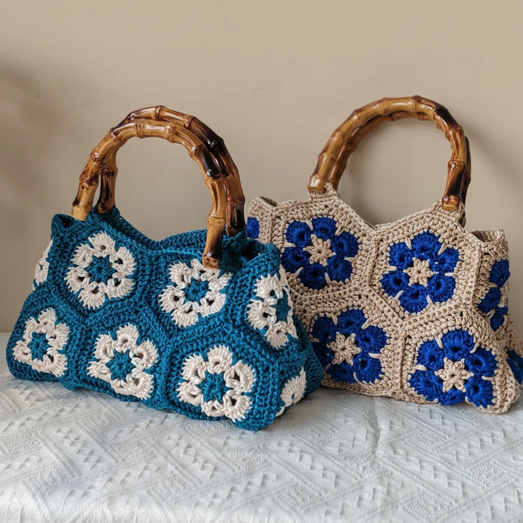 Wilhelmina Handmade Crochet Granny Square Tote Bag with Bamboo Handle